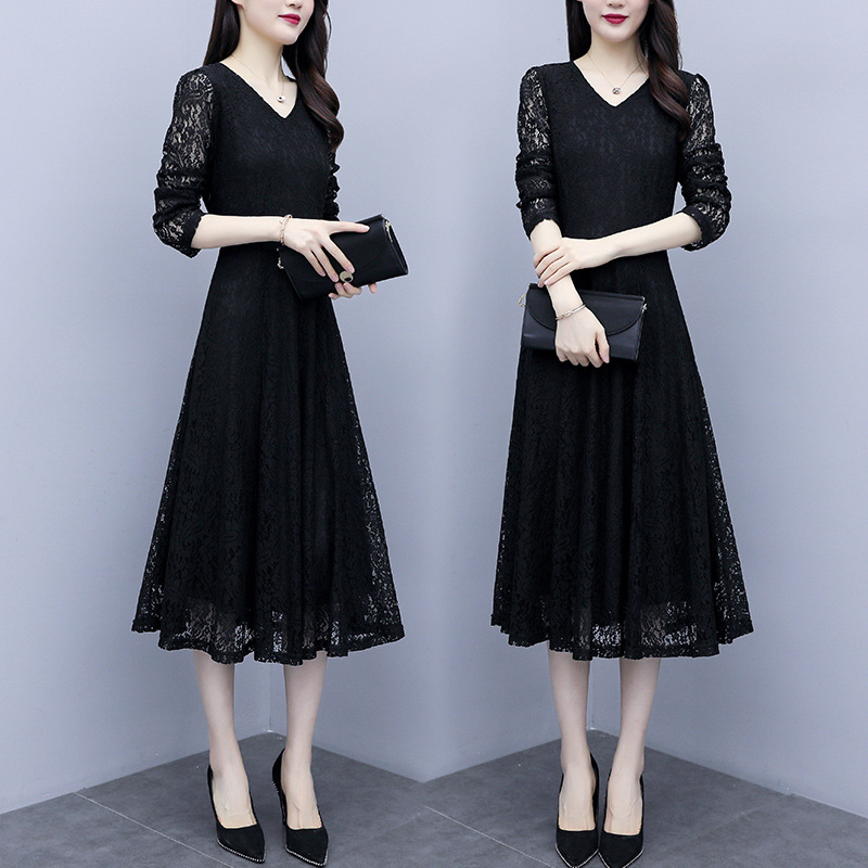 2020女装 夏季新款镂空气质V领蕾丝连衣裙中长款a字女士裙子