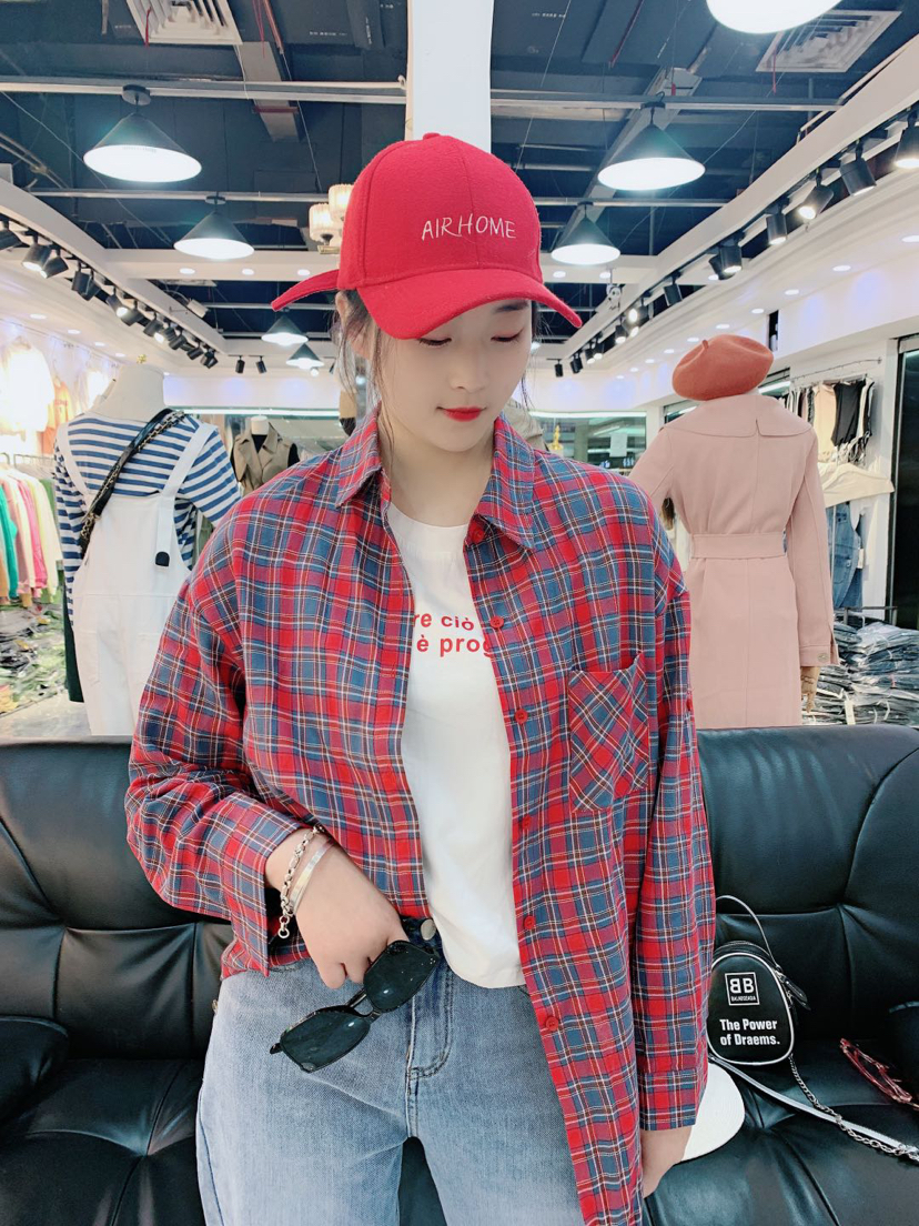 2020春款女装假两件套格子衬衣时尚韩