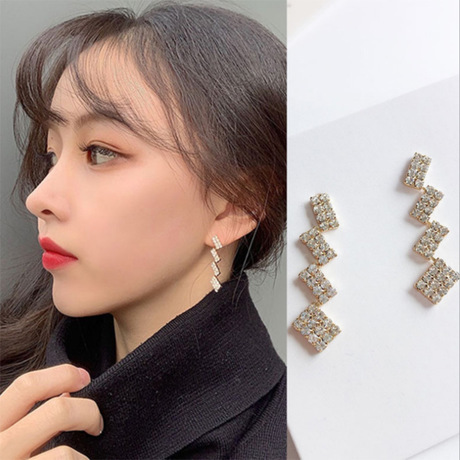 新款S925耳钉几何方块拼接水钻新潮耳环女中长款耳坠气质时尚超仙