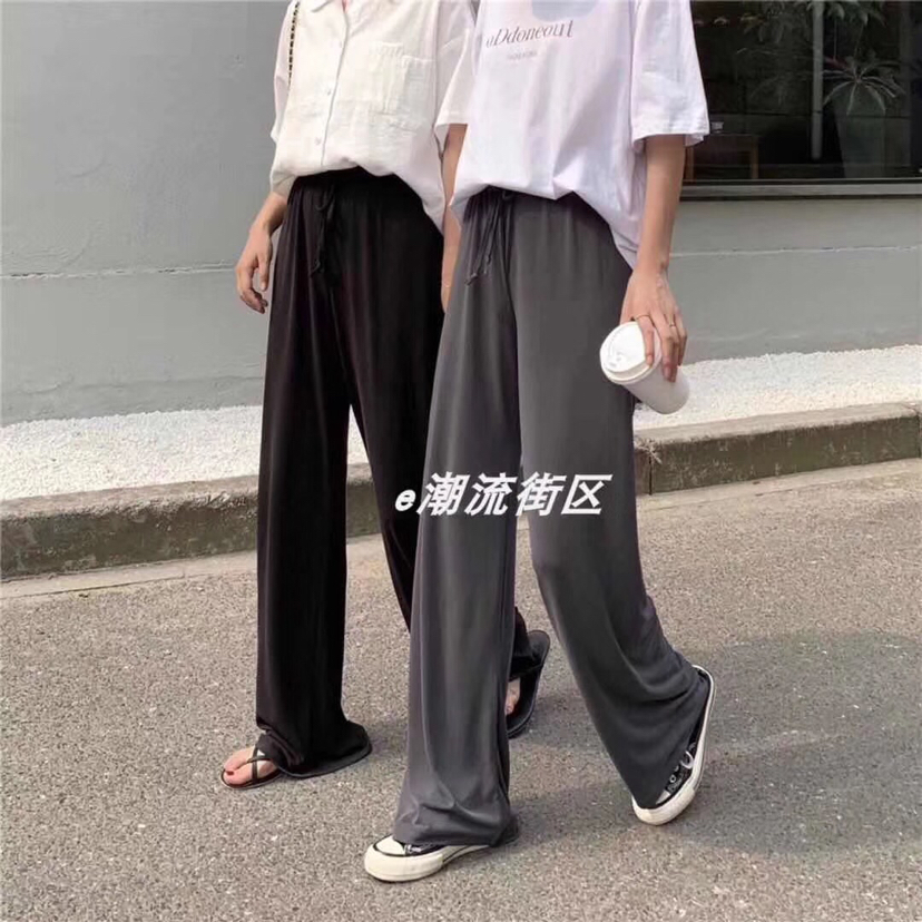 包邮铜氨丝阔腿裤女高腰百搭宽松显瘦垂感松紧腰直筒休闲奶奶裤子