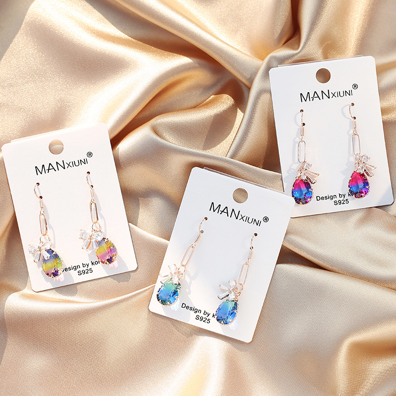 S925银针渐变水滴耳坠中长韩款气质耳环蝴蝶结时尚耳饰女网红耳环