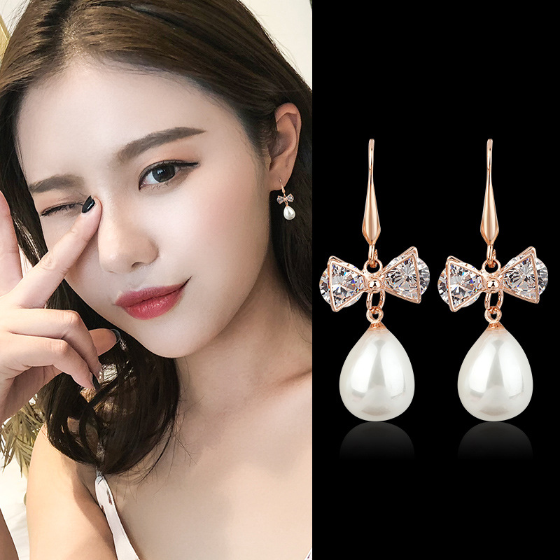 曼休妮耳环女士蝴蝶结珍珠耳钉欧美新款气质批发厂家直销水滴珍珠