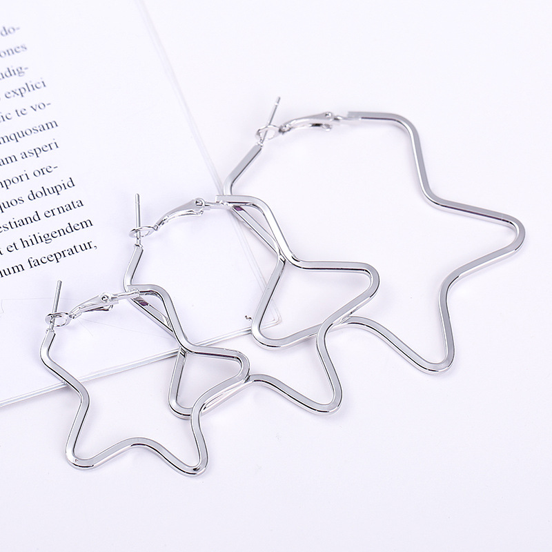 时尚镂空金属五角星耳钉女纯银耳环夸张配饰个性潮人大耳圈防过敏