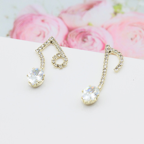 S925银针防过敏韩版耳饰音乐字符音符气质不对称ab款满钻锆石耳钉