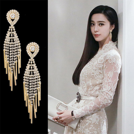 时尚欧美长款精致潮流镶水钻S925银针金属流苏耳环耳钉女一件代发