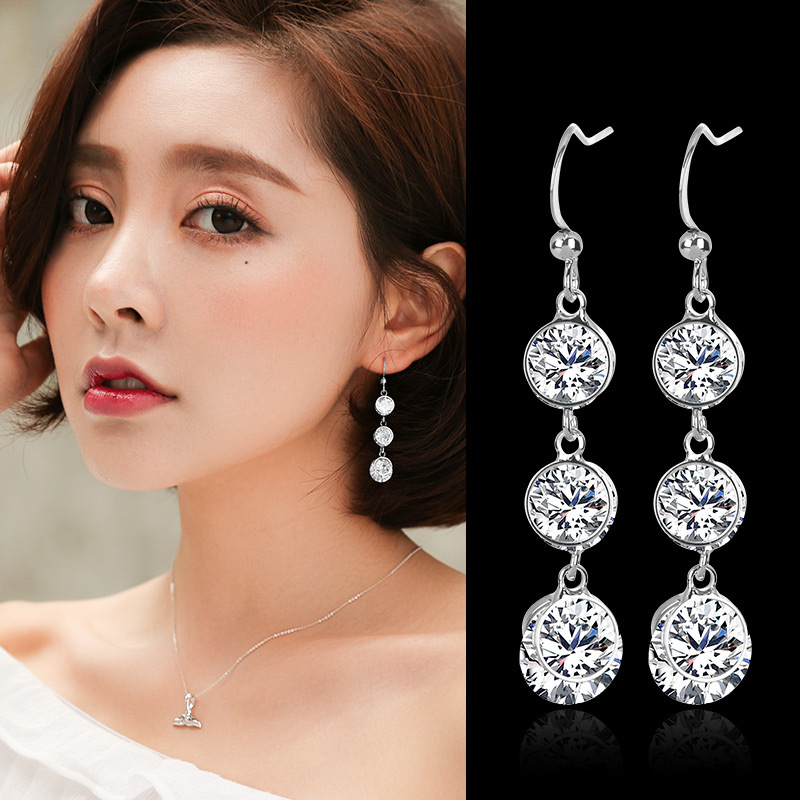 925 银网红粉红少女耳环长款流苏水晶显瘦脸圈圈耳坠耳饰批发