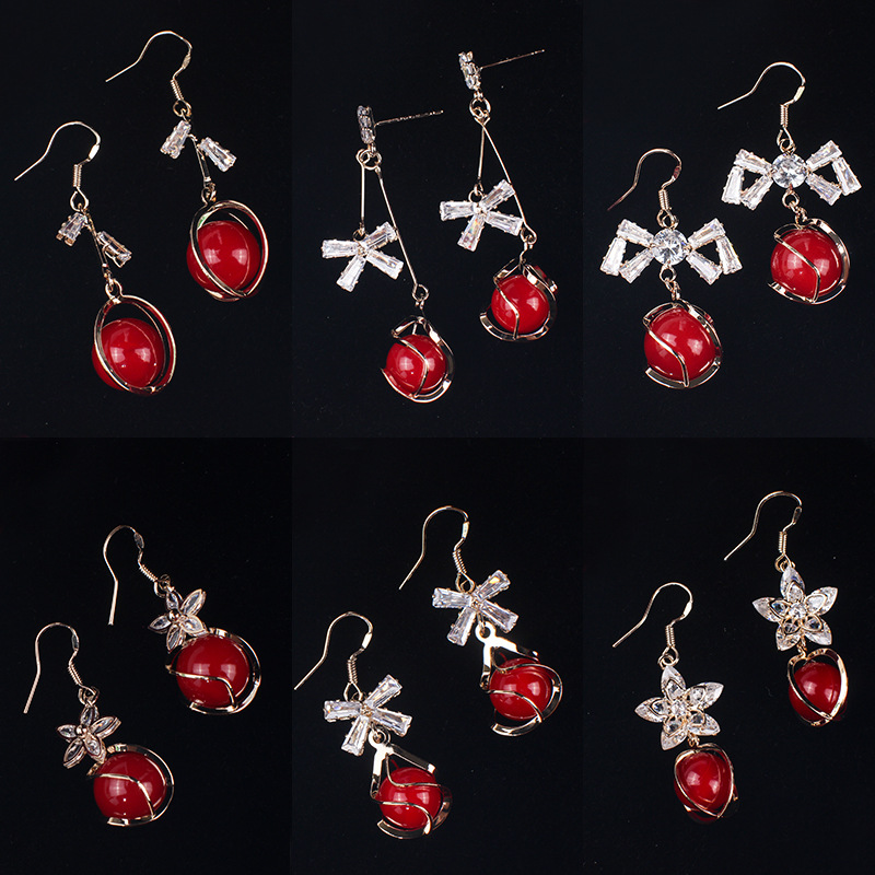 耳环女925银针气质红色耳坠韩国新娘长款耳饰网红款厂家直销批发