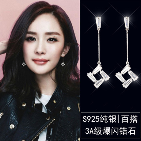 S925银针防过敏韩版耳饰锆石微镶长款方块镂空菱形耳钉女厂家直销