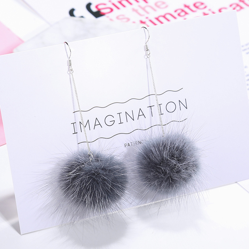 925纯银毛毛球耳环女气质韩国简约毛绒耳坠百搭貂毛球吊坠耳钉夹