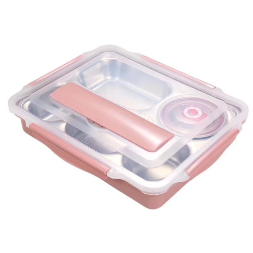 04 Stainless Steel Bento Lunch Box Insulation Deepening Five Grid Plate with Lid 304 Soup Bowl + Spoon + Insulation Bag 