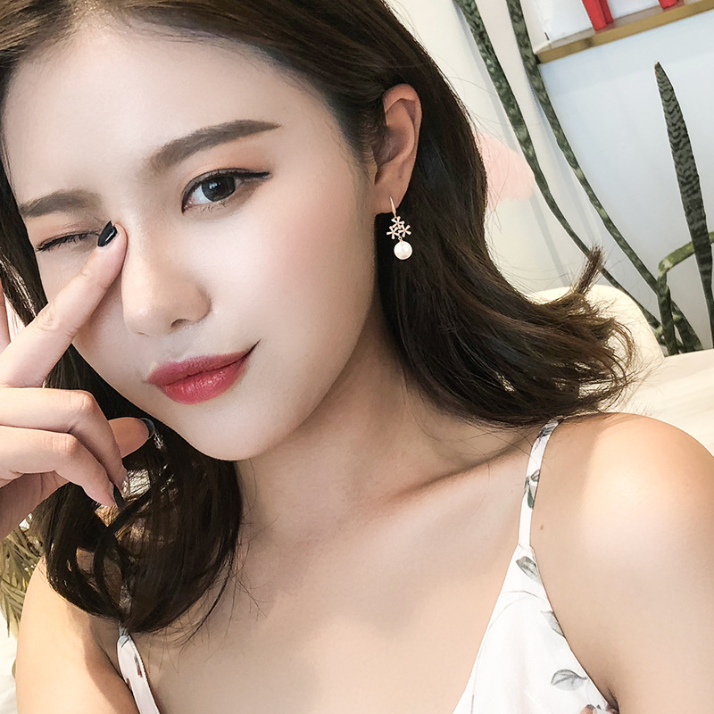 时尚珍珠耳坠长款锆石花朵耳饰批发韩国气质耳环批发一件代发