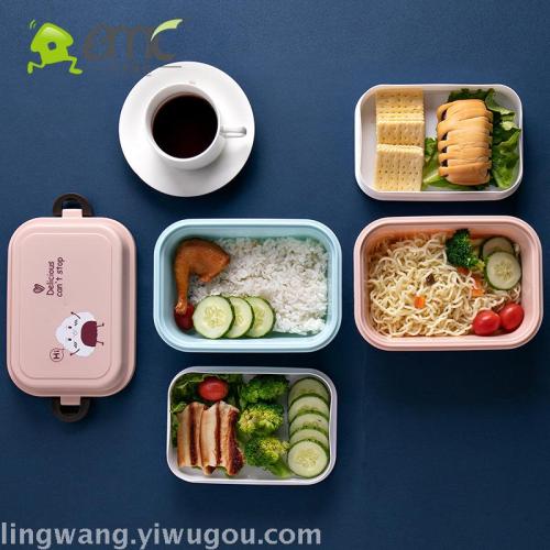 student new bento box double rectangular wheat straw lunch box with spoon creative grid with seal ring