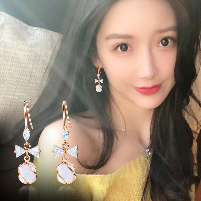 长短款人造珍珠吊坠领结耳钩人工猫眼耳坠韩版气质简约蝴蝶结耳环