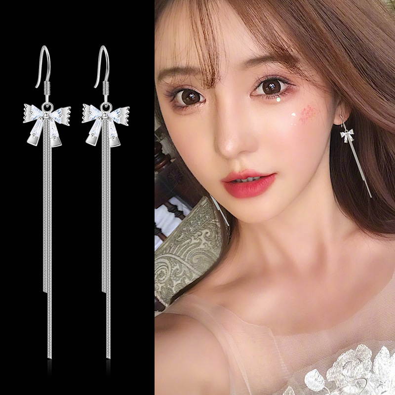 蝴蝶结耳钉女气质韩国简约长款流苏耳坠时尚可爱耳饰品潮厂家批发