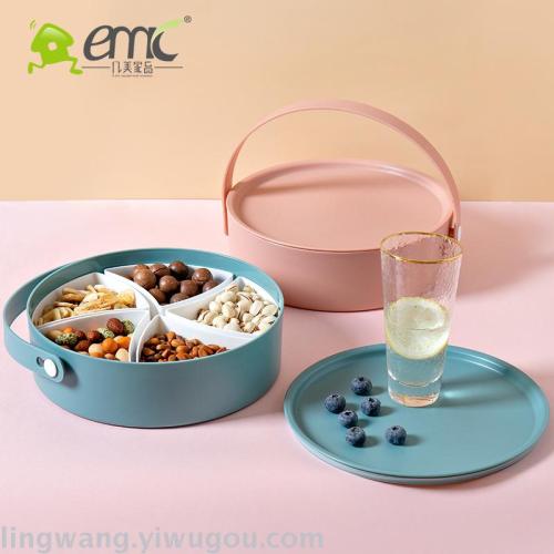 Yimei round Hand Grid Fruit Box Plastic Sealed Fruit Plate with Lid Household Candy Box Fruit Box Living Room Nut Box Fruit Box