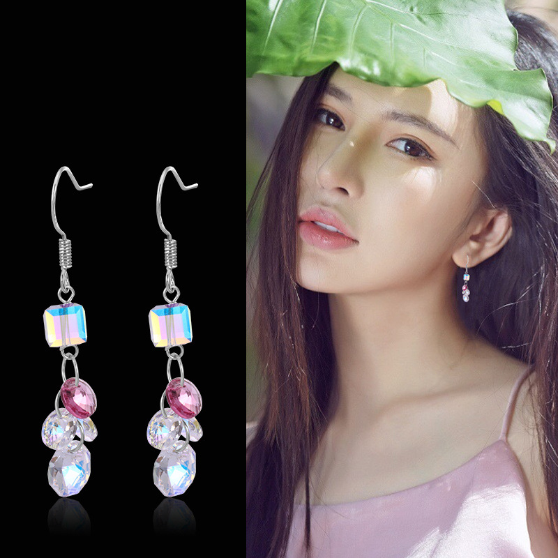 方糖水晶耳环女超闪气质韩国个性耳钉纯银简约百搭耳坠少女耳饰品
