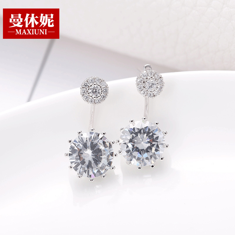 S925纯银锆石小耳钉女韩国简约一款两戴耳环后挂式超闪防过敏批发