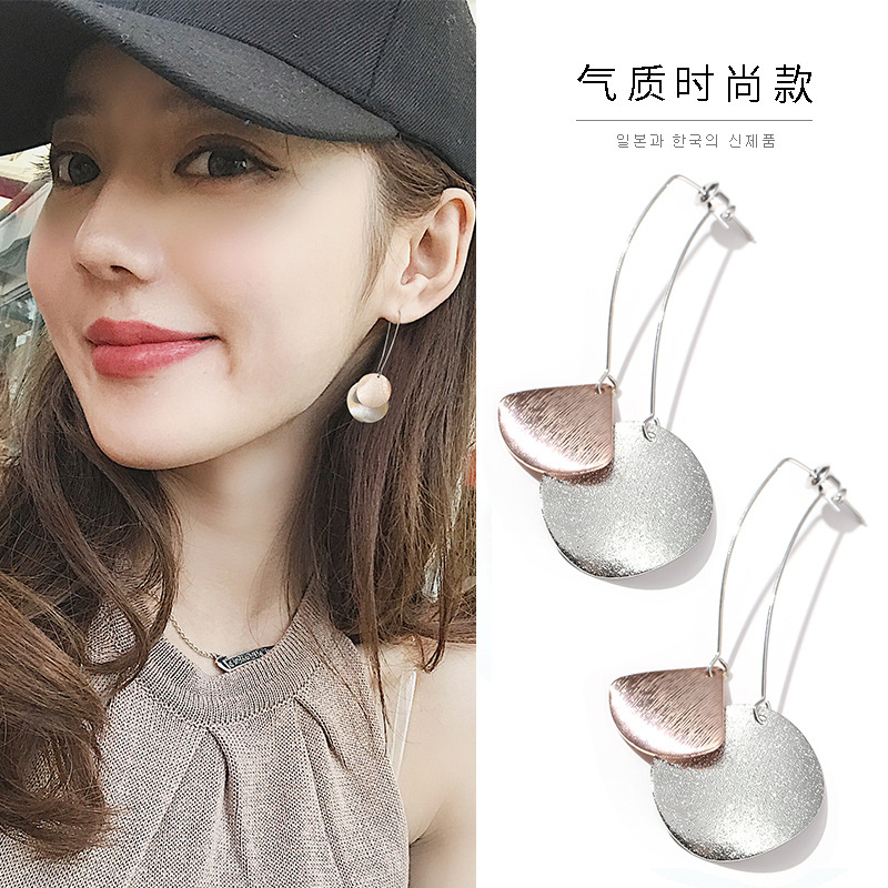 网红百搭磨砂质感圆片耳环女韩国简约气质撞色纯银耳钉后挂式耳坠