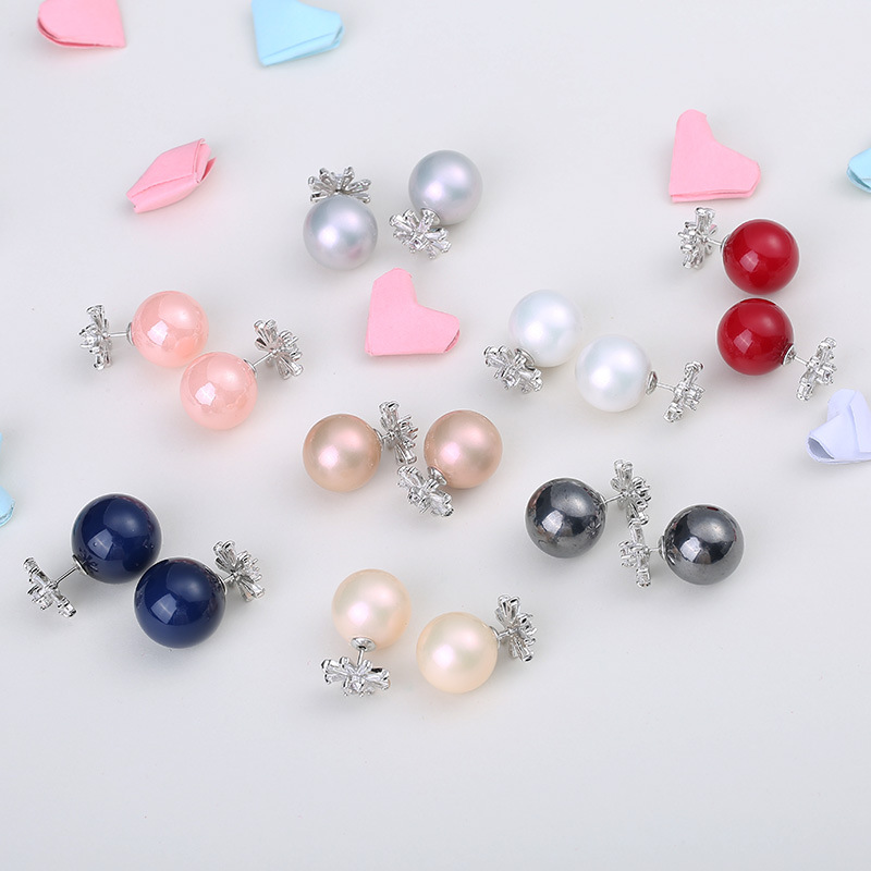 日韩个性花朵珍珠耳钉女微镶锆石百搭气质双面大小珍珠耳环防过敏