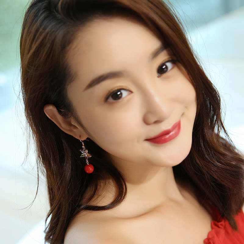 珍珠耳环长款韩国气质红色耳坠超仙水晶新娘结婚耳钉女个性百搭银