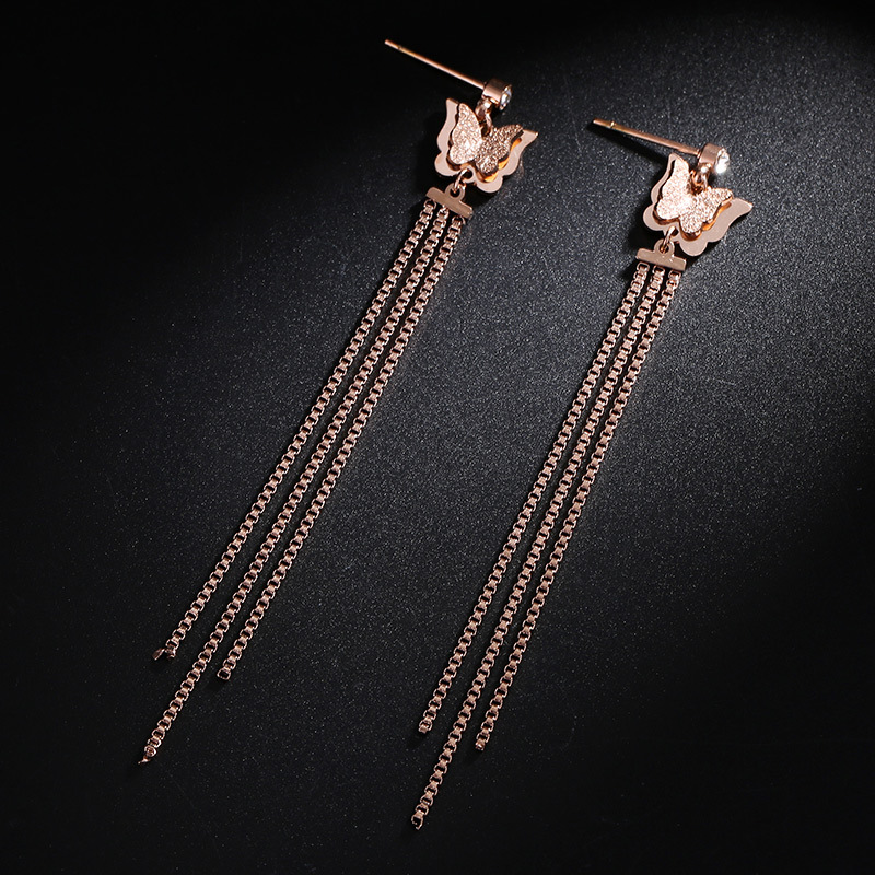 钛钢玫瑰金色蝴蝶流苏耳环长款显瘦脸耳坠韩版潮流金属质感耳饰品