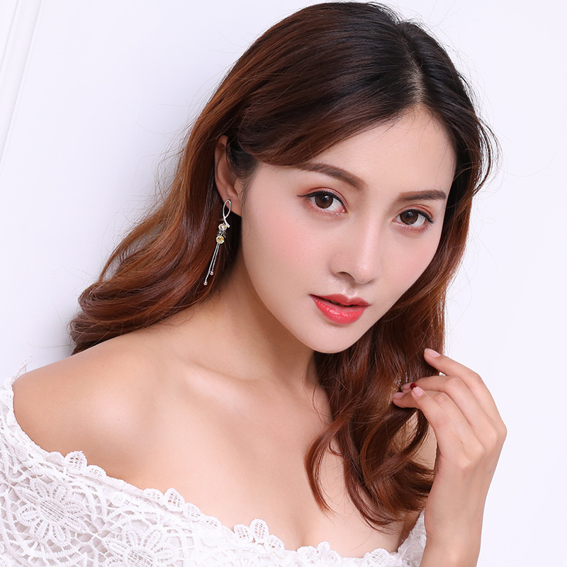 水晶流苏耳环女气质百搭纯银耳钉长款吊坠韩国简约 个性耳线甜美