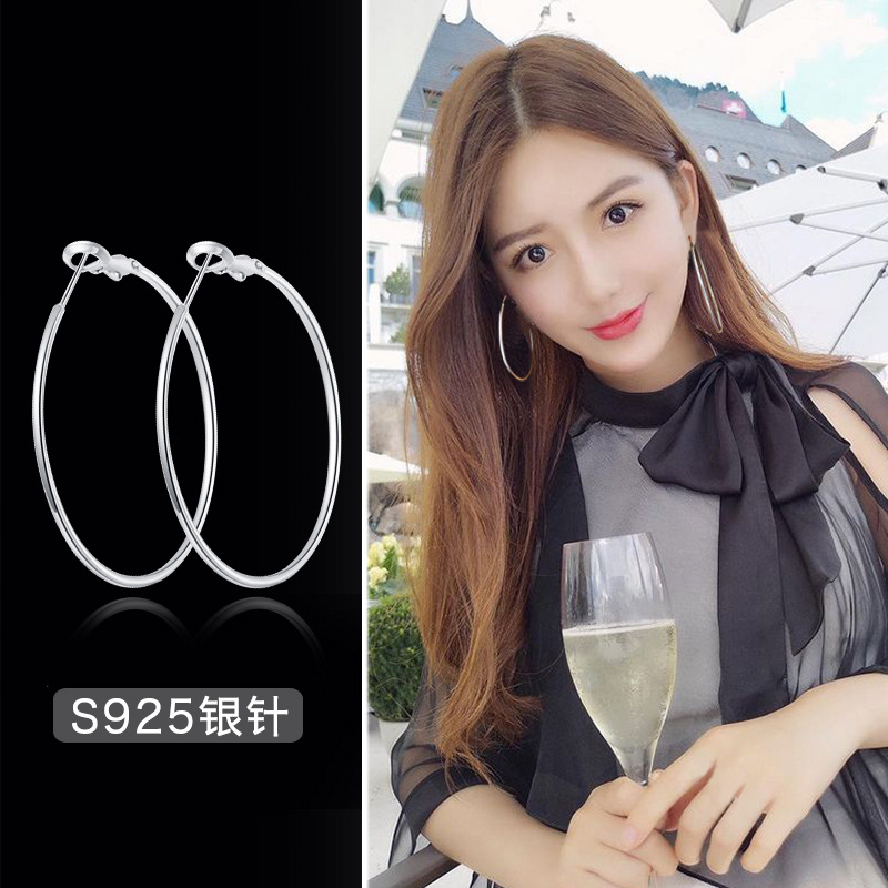 S925银耳钉女圈圈耳环气质韩国简约百搭大小圆圈耳圈个性网红耳坠