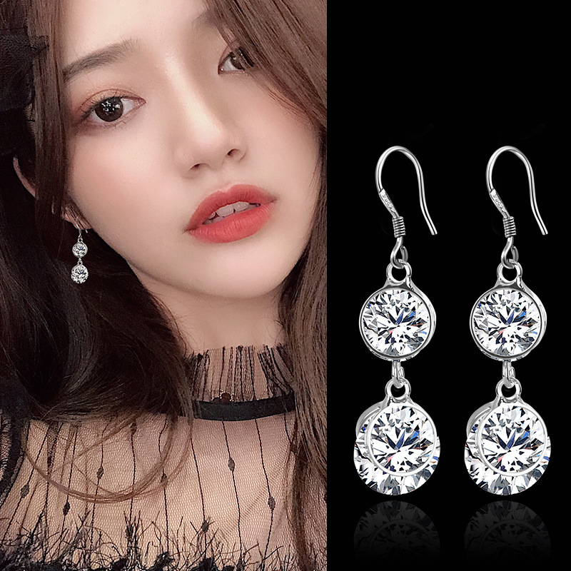 925银人工人造锆石耳坠韩版时尚淑女风气质闪亮双水滴耳钩款耳环