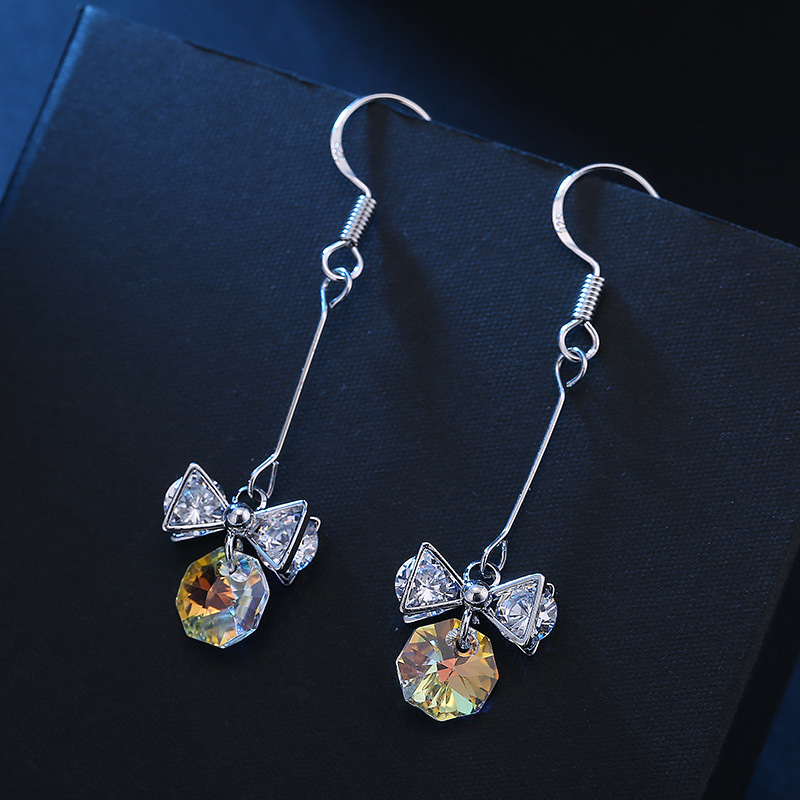 水晶耳环女韩国简约领结耳钉纯银长款防过敏个性百搭厂家直销批发