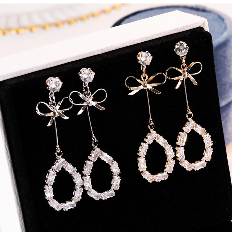 领结气质显瘦人造锆石耳钉女新款百搭网红水滴耳环厂家批发直销