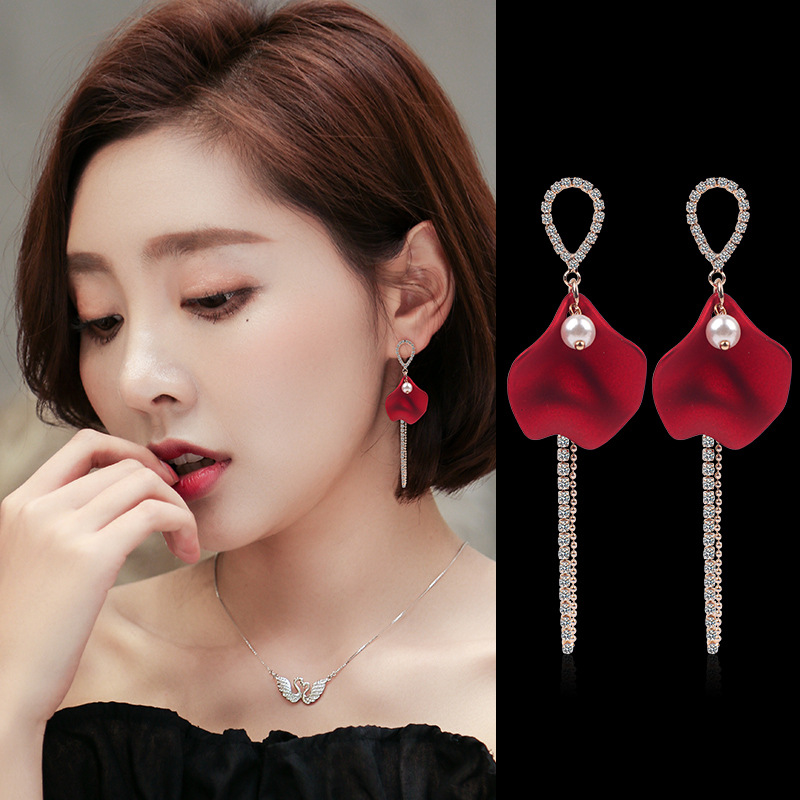 S925银针花朵长款流苏时尚气质耳饰韩版新女网红个性百搭耳环批发