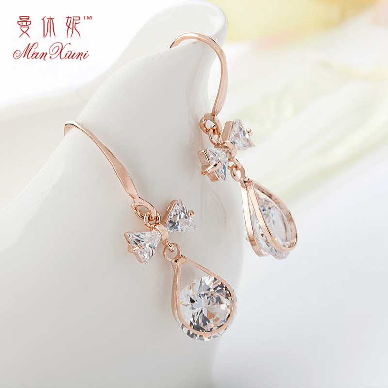曼休妮耳钉女韩国长款蝴蝶结锆石耳环甜美时尚耳饰厂家批发直销
