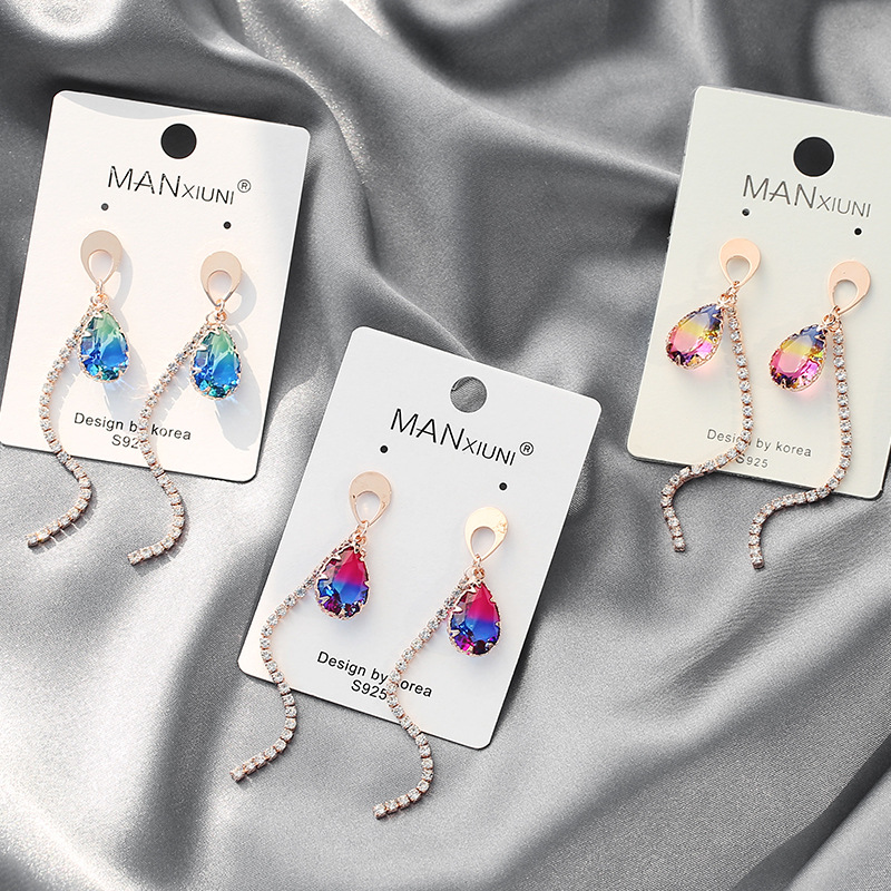 S925银针渐变炫彩水滴形水晶耳环韩国长款显脸瘦耳坠潮女流苏耳钉