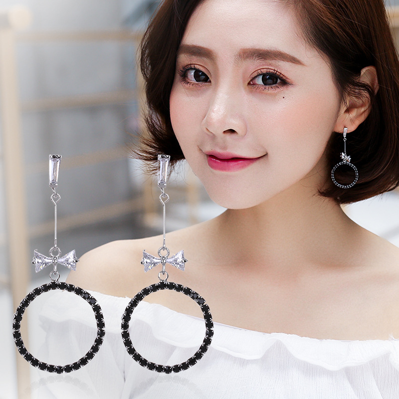 925纯银针黑色大圈圈耳环长款韩版夸张气质个性耳钉厂家批发直销