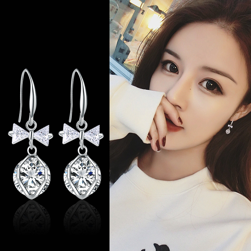网红耳环女个性百搭多色耳钉纯银长款锆石蝴蝶结耳坠厂家批发直销