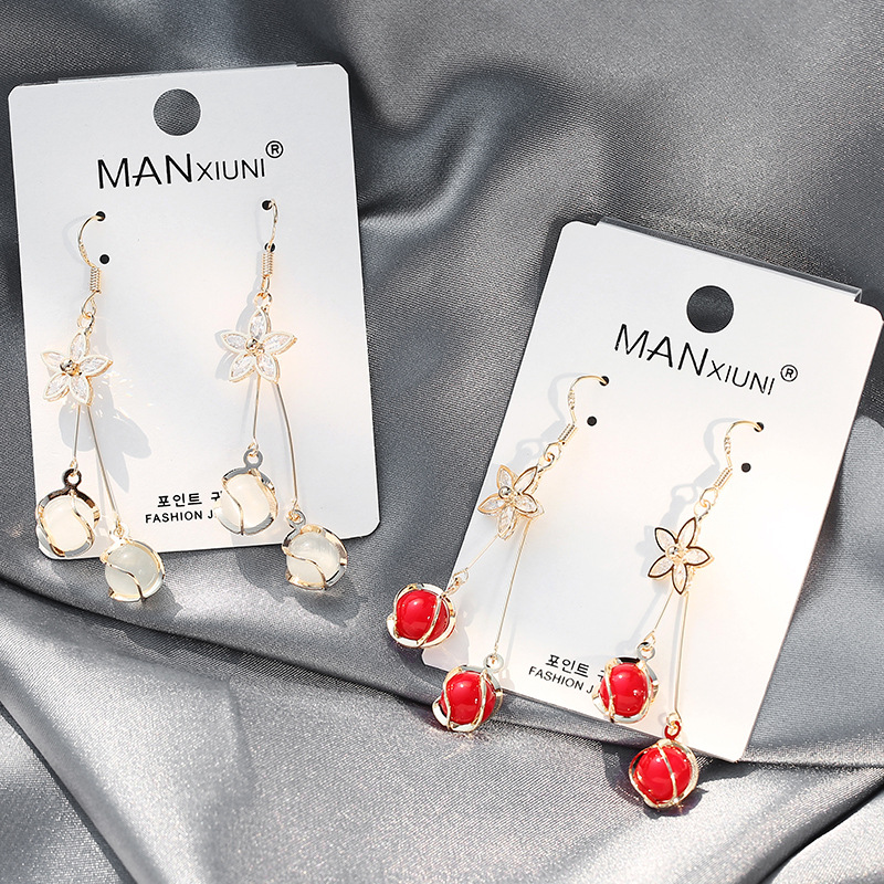 S925银针中长款气质耳坠流苏韩版花朵时尚耳饰喜庆红珍珠百搭耳环