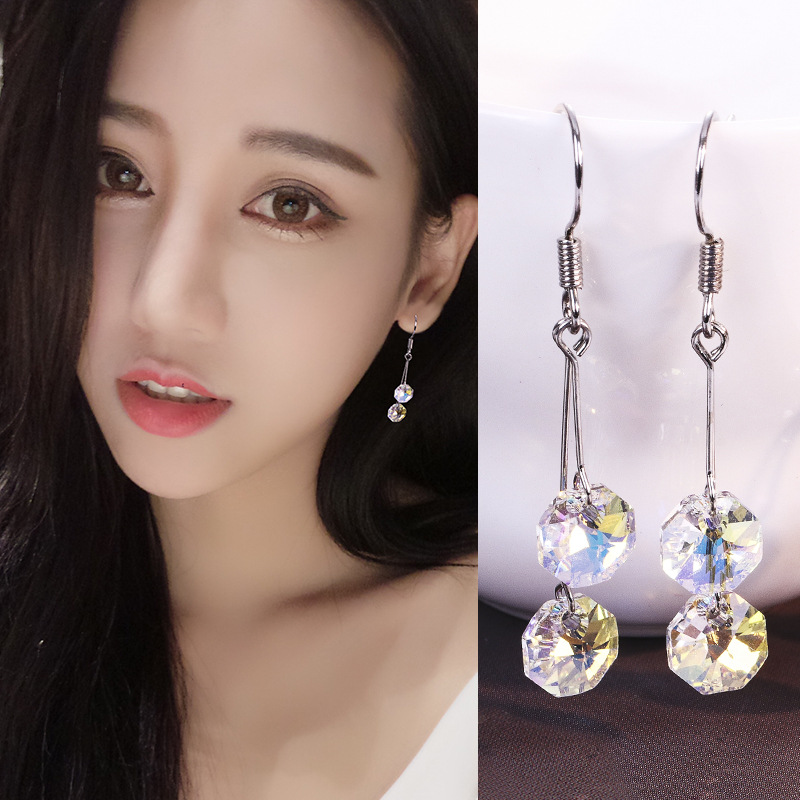 S925耳环女气质韩国百搭奥地利人造水晶长款吊坠简约甜美耳坠批发