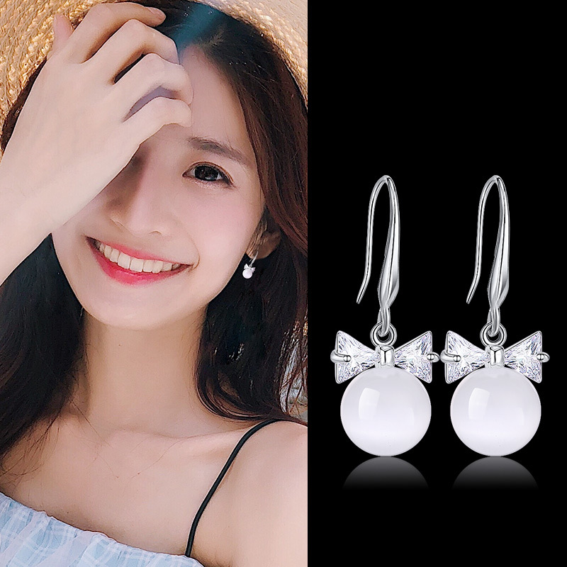 日韩国网红耳环女百搭领结珍珠耳钉纯银防过敏猫眼石个性厂家批发
