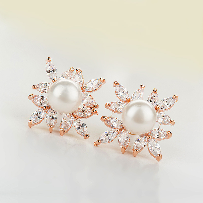 wish速卖通锆石厂家长款夸张百搭花朵珍珠耳钉耳环气质耳坠批发