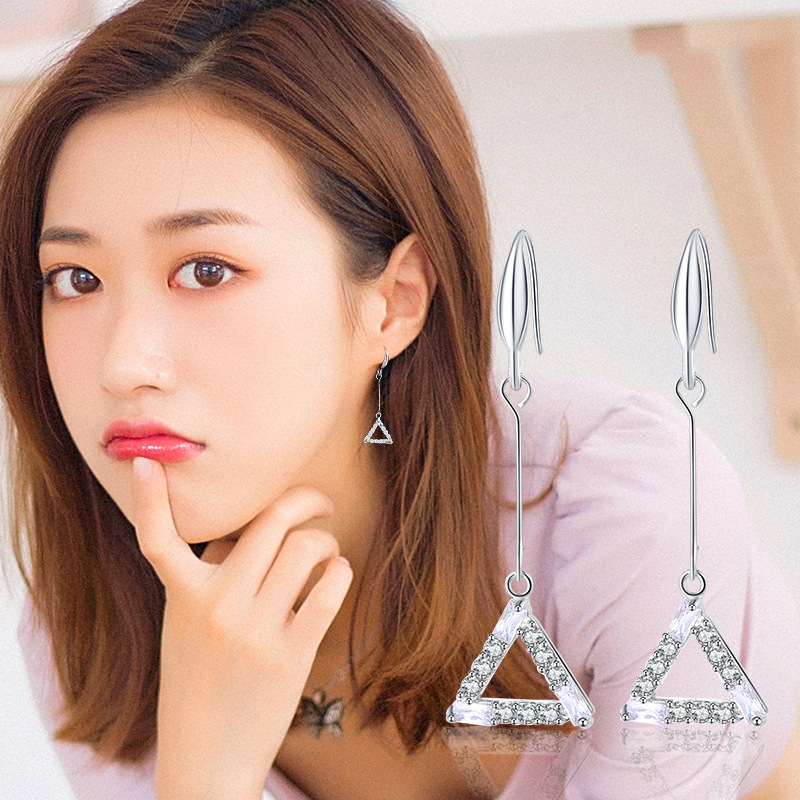 925银韩国时尚几何三角形水晶锆石耳环女长款耳坠厂家直销批发