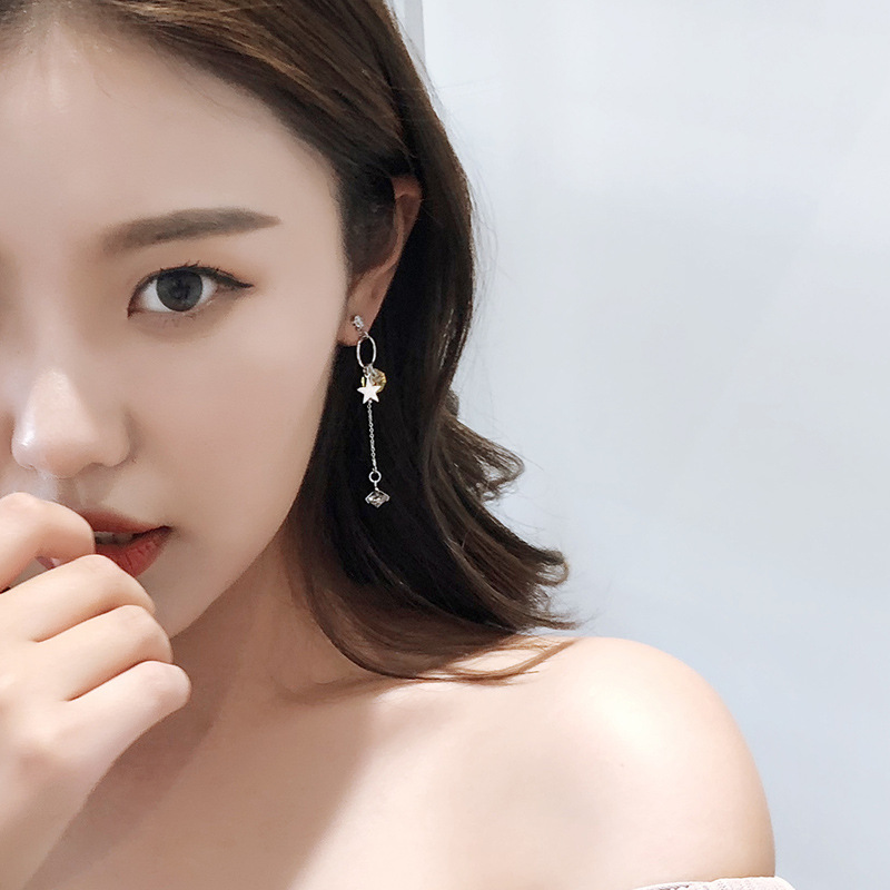 925银针时尚简约气质百搭进口水晶五角星女长款耳环厂家批发直销