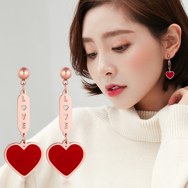 LOVE钛钢爱心好运新年红色桃心耳坠百搭气质耳钉厂家批发直销