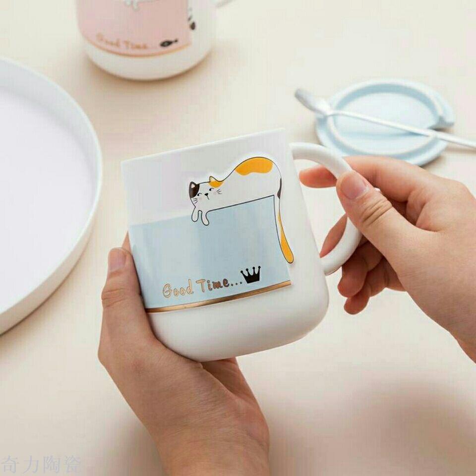 唯格网红款四色浮雕懒猫陶瓷杯带盖带勺卡通创意大容量咖啡家用