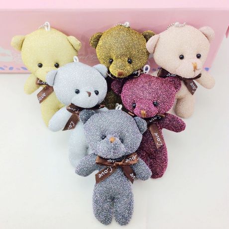 11cm亮色大头连体熊领结亮丝银灰熊公仔 时尚包包熊挂件服装辅料