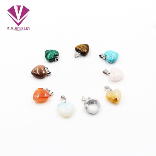 Natural Stone Love Heart Pendant， Tigereye， Turquoise， Pink Stone， Opal， Malachite， Black Stone