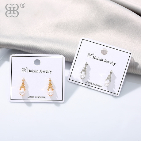批发新款铁塔造型耳钉 珍珠镶钻个性首饰创意简约耳饰厂家直销