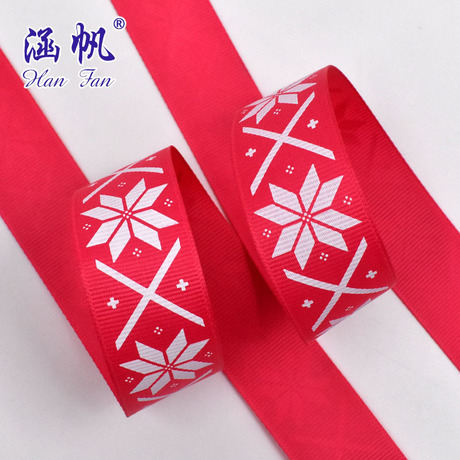 customized 2.5cm monochrome printing rib ribbon white snowflake printing 5-point ribbon flower gift box packaging ribbon