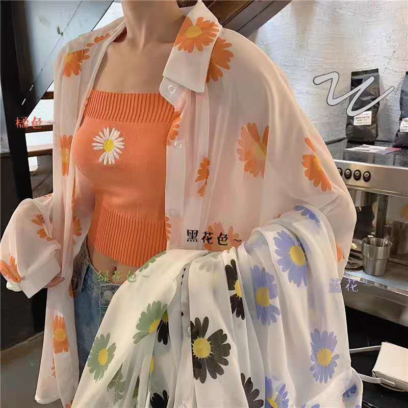 女装2021泫雅风小雏菊花朵衬衫印花复古百搭防晒衣衬衣ins夏潮