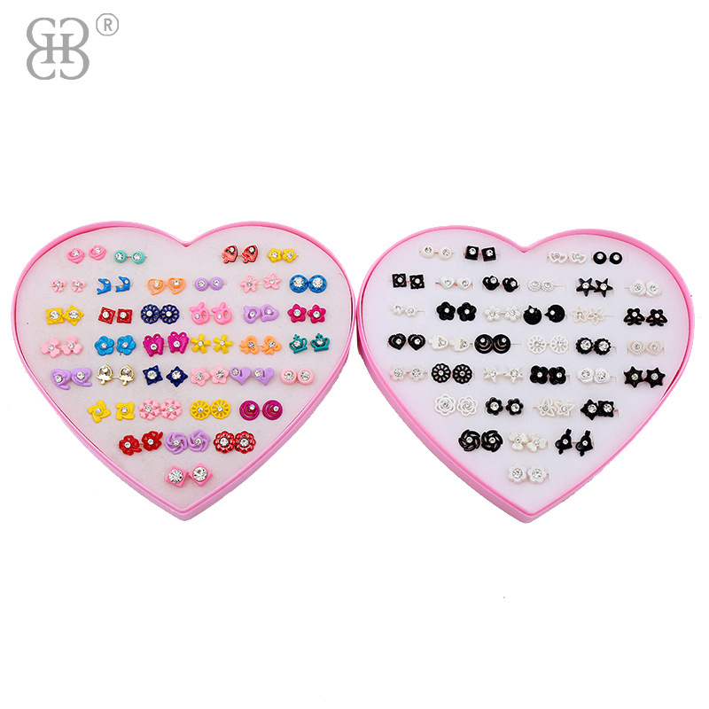韩版现货桃心盒耳钉塑料点钻彩色学生耳钉36对盒装两元精品店耳钉