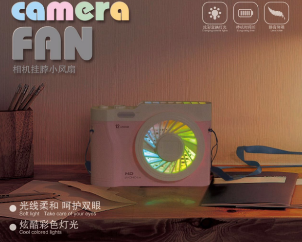 2020新款相机挂脖风扇 USB充电风扇 三档风速七彩灯懒人挂脖风扇